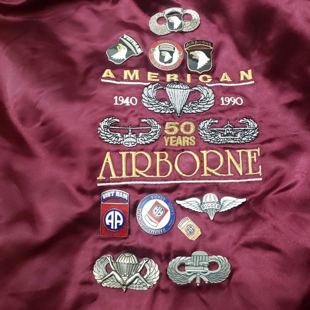 VTG Airborne American Satin Jacket Mens Large Red Snap Up Bomber Quarter Master